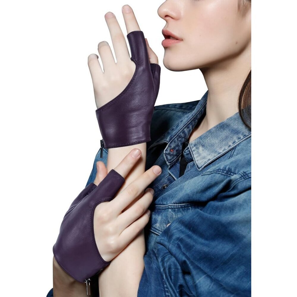 Women's Purple Fingerless Leather Driving Half Finger Gloves Halloween Design